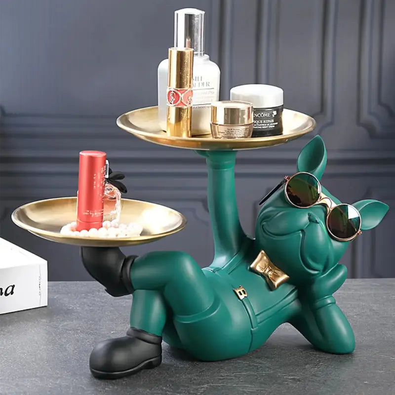 Escultura Decorativa e Porta Objetos de Luxo com Bandeja Dupla Bulldog Relaxado | Henry