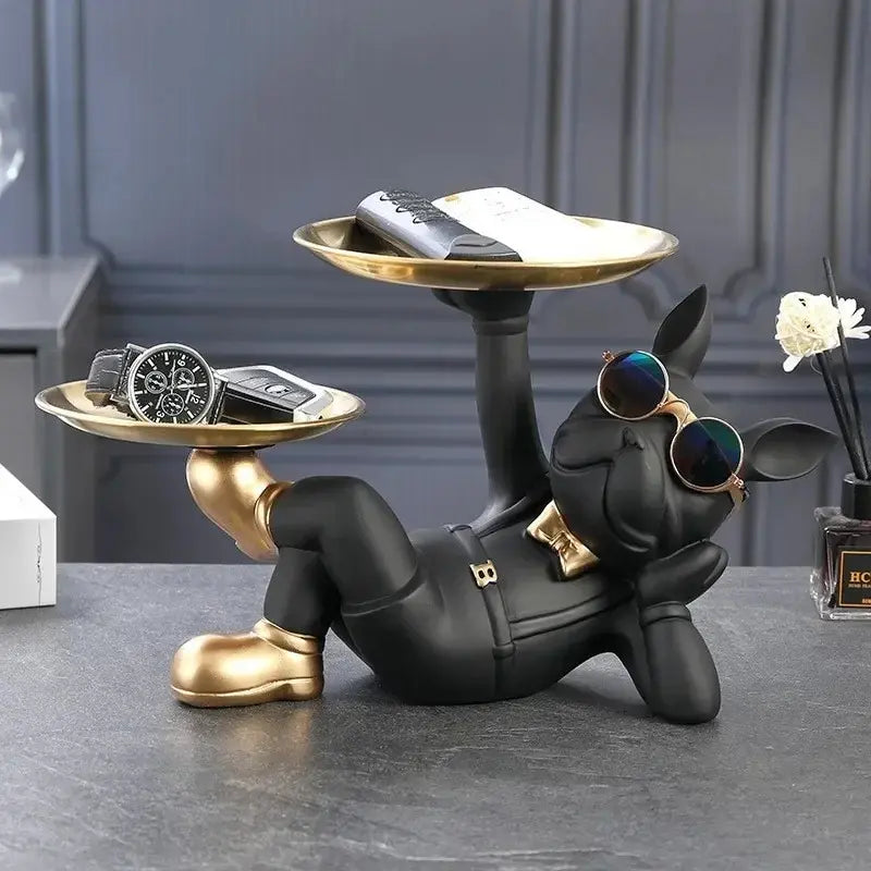 Escultura Decorativa e Porta Objetos de Luxo com Bandeja Dupla Bulldog Relaxado | Henry