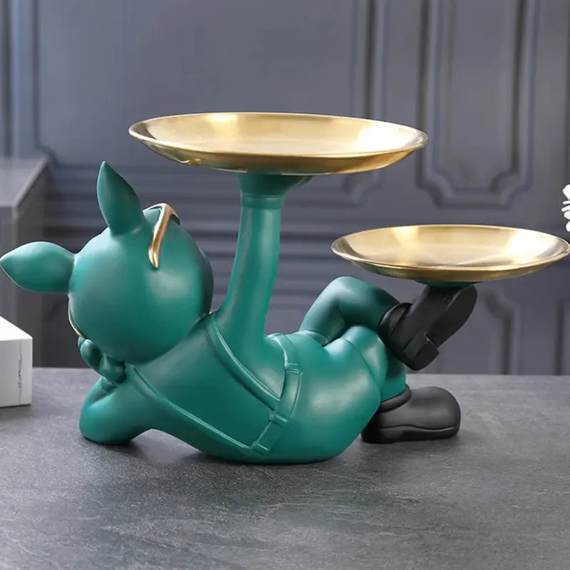 Escultura Decorativa e Porta Objetos de Luxo com Bandeja Dupla Bulldog Relaxado | Henry