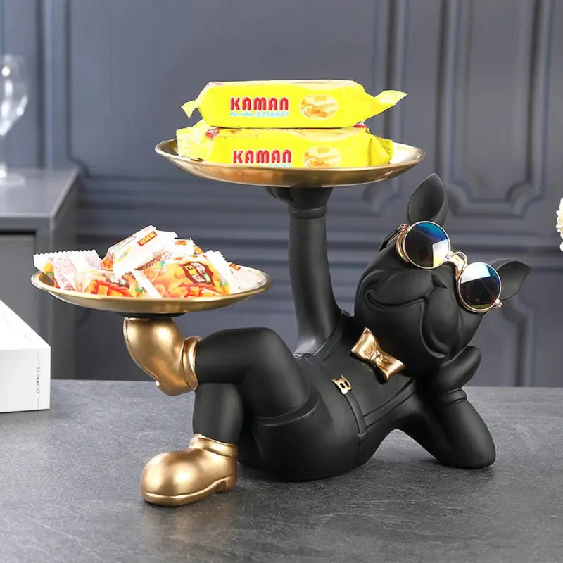Escultura Decorativa e Porta Objetos de Luxo com Bandeja Dupla Bulldog Relaxado | Henry