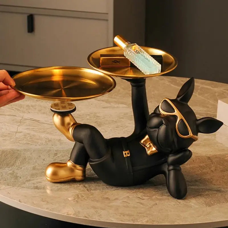 Escultura Decorativa e Porta Objetos de Luxo com Bandeja Dupla Bulldog Relaxado | Henry