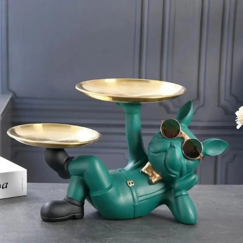 Escultura Decorativa e Porta Objetos de Luxo com Bandeja Dupla Bulldog Relaxado | Henry