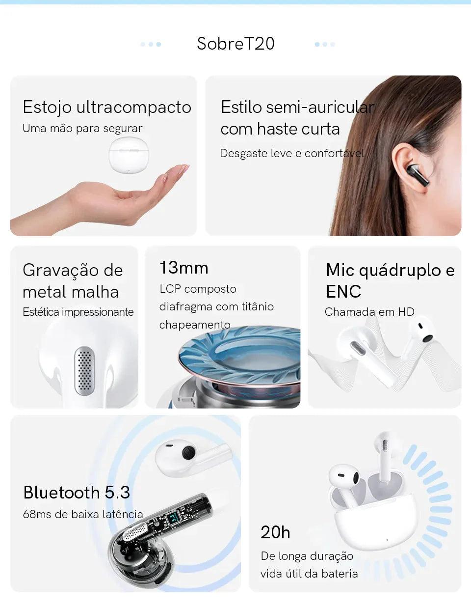 Mini Fone QCY T20 TWS com Bluetooth 5.3 - LOJAS HENRY SHOP